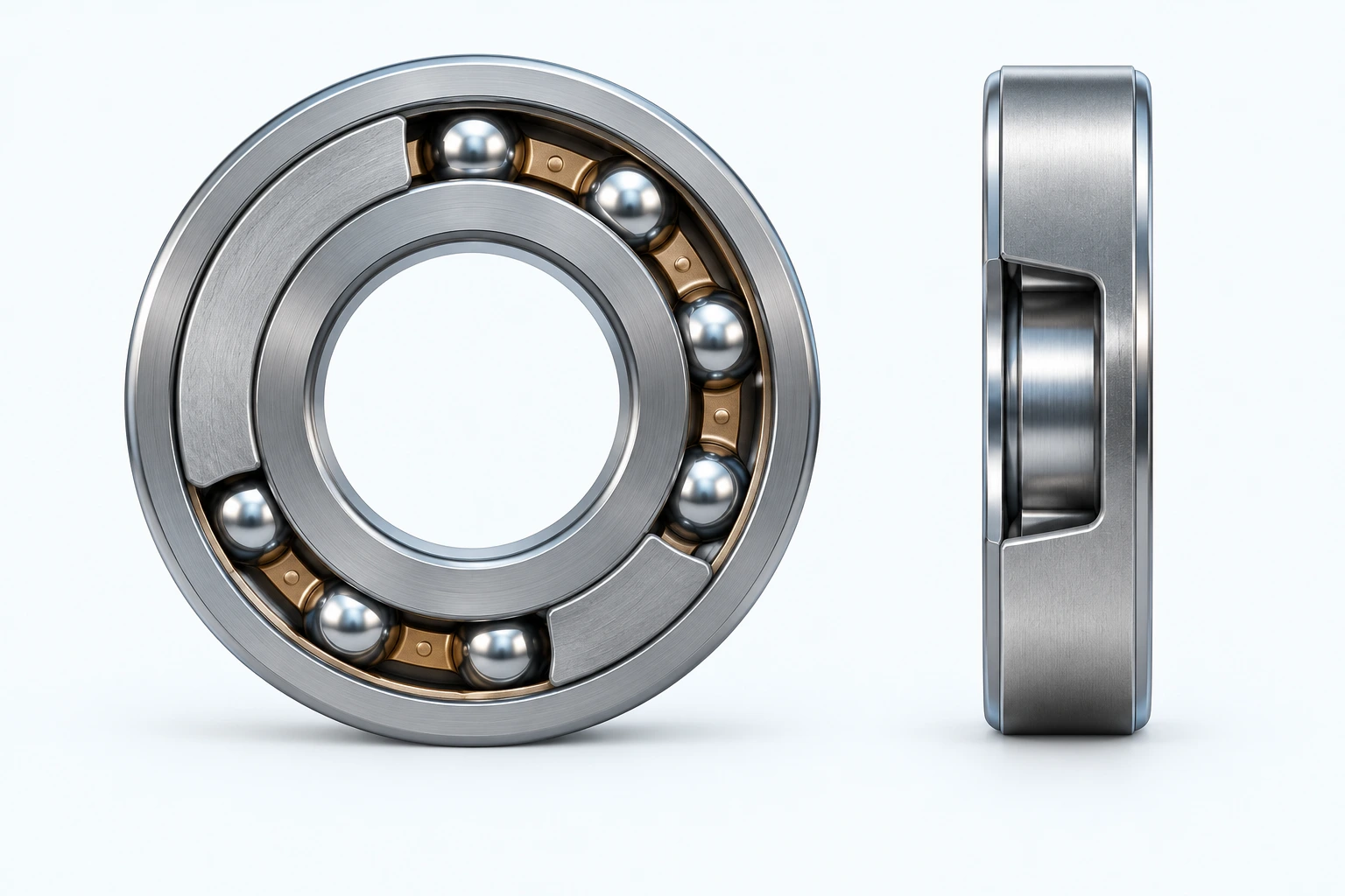 Illustrative machined-steel bearing cutaway in aligned front and side views