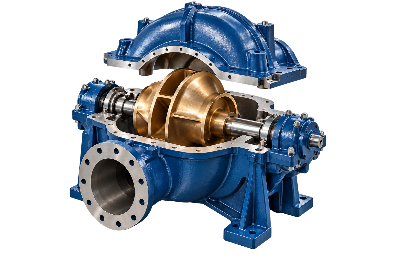 Illustrative opened split-case pump showing the impeller and shaft assembly