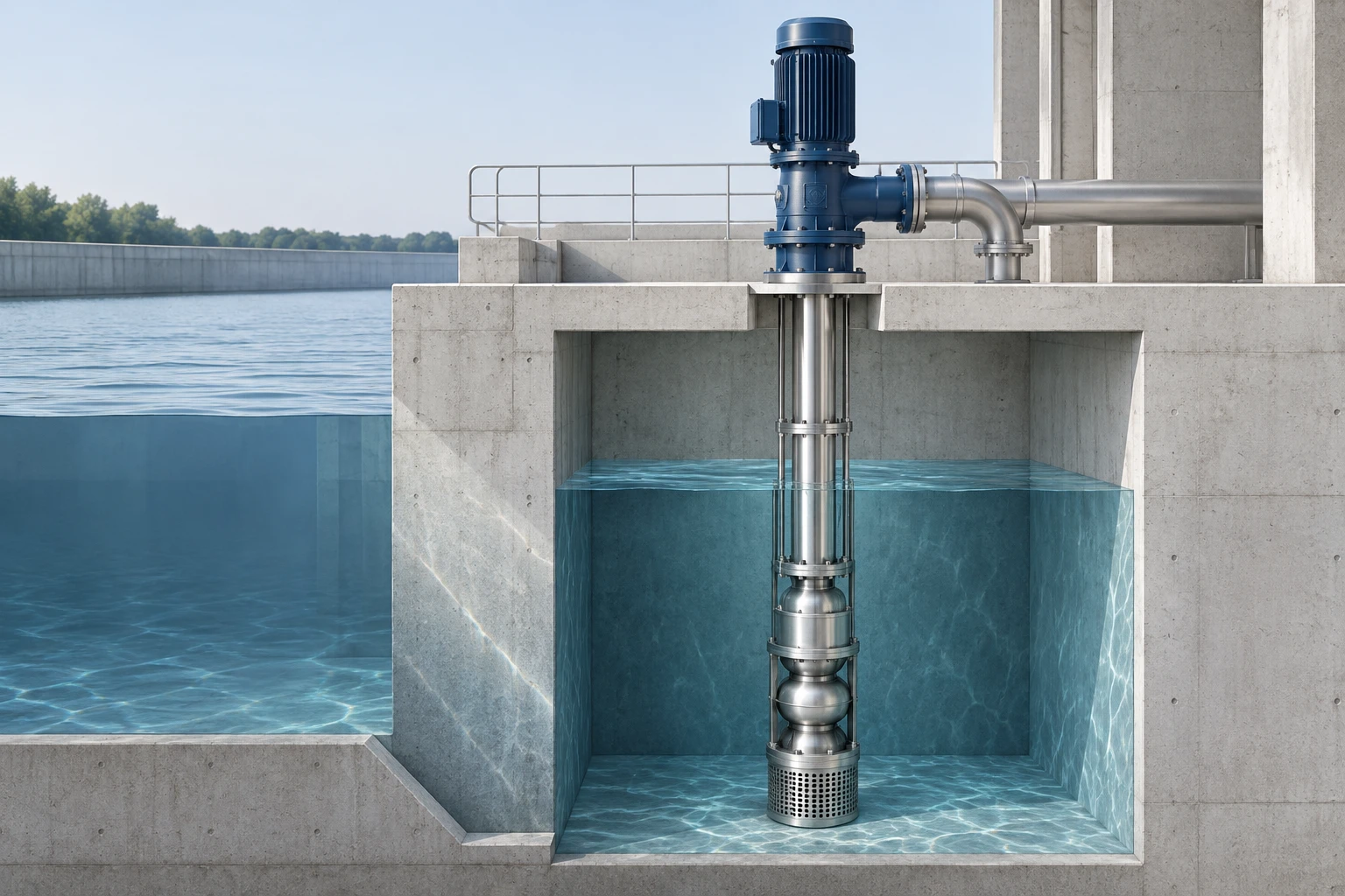 Illustrative vertical line-shaft pump installation in a water intake wet pit
